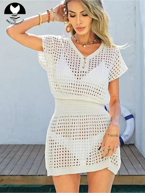 Crochet Mesh Cover Up Mini Dress V Neck Beach Vacation Swimsuit - Picture 7 of 7